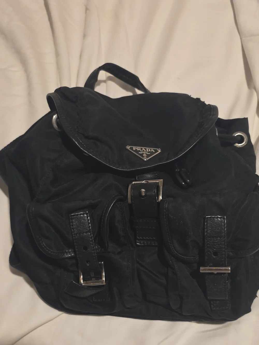 Prada Black Nylon Drawstring Backpack with Leather Trim